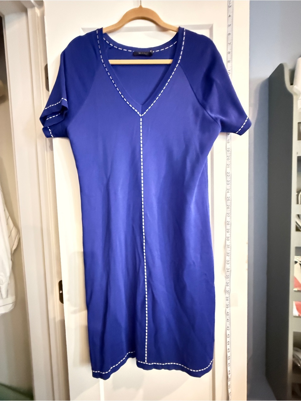 Biana Cobalt Blue V-Neck Midi Dress with White Stitching